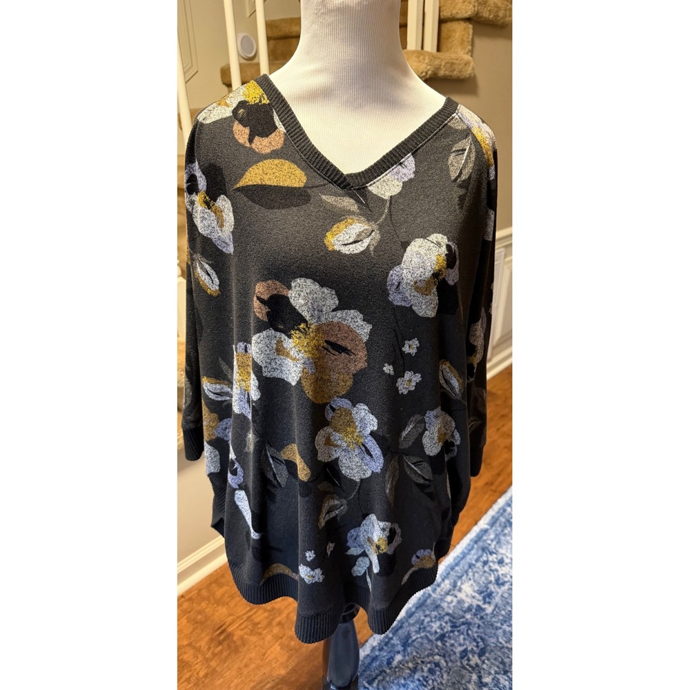 Maurices Womens Floral V-Neck Knit Top Gray Yellow Long Sleeve Size 1X